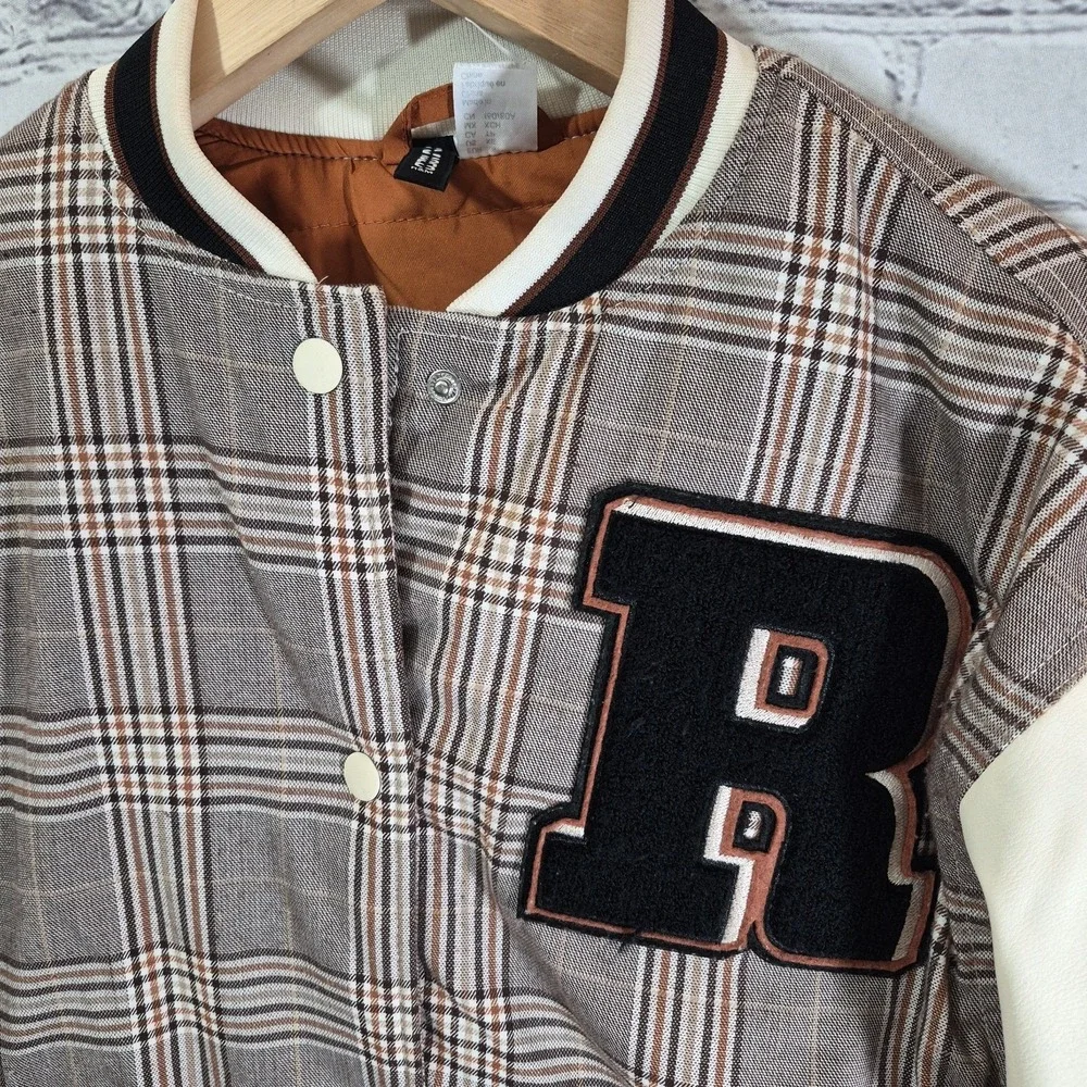 H&M DIVIDED Varsity Jacket Snap Up Brown Beige Plaid‎ Womens XS Preppy Casual